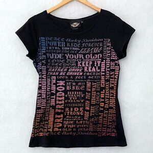 Harley Davidson Women's Black T-Shirt All Over Print Graphics Women Riders M